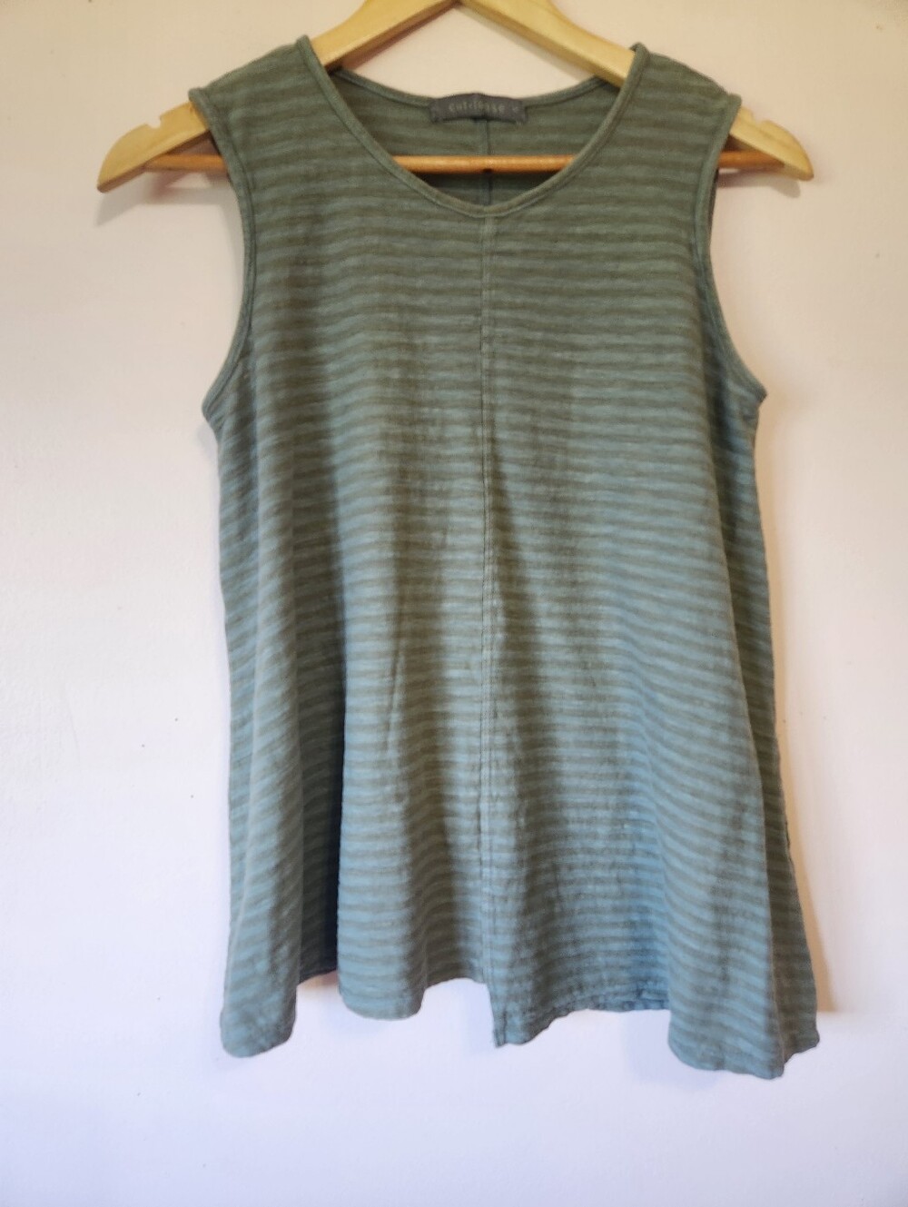 Cut Loose Cotton Linen Striped Asymmetrical Swing Tunic Tank Top Sage Green S